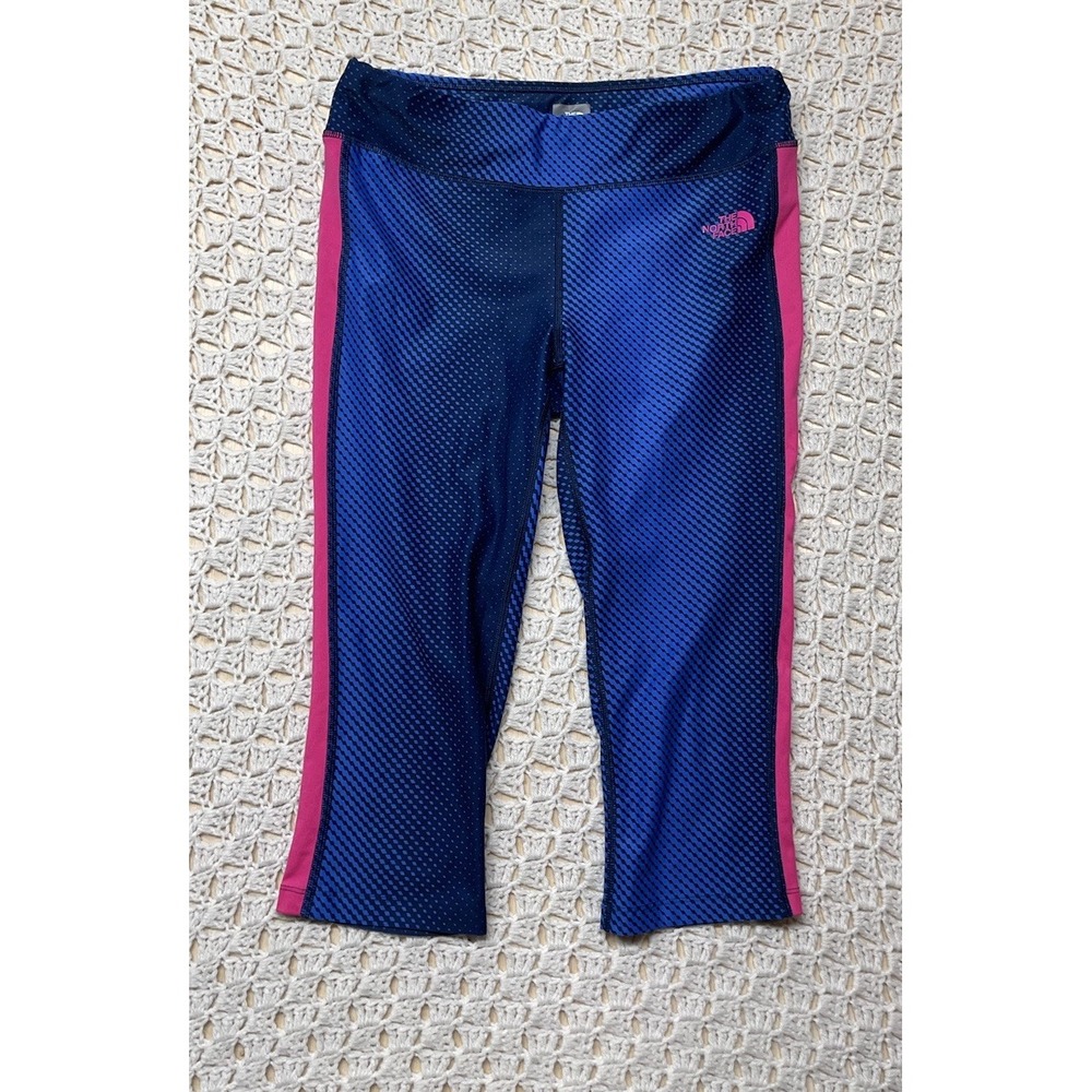 The North Face Crop Capri Leggings Women M Blue Yoga Gym Athletic Pink Striped